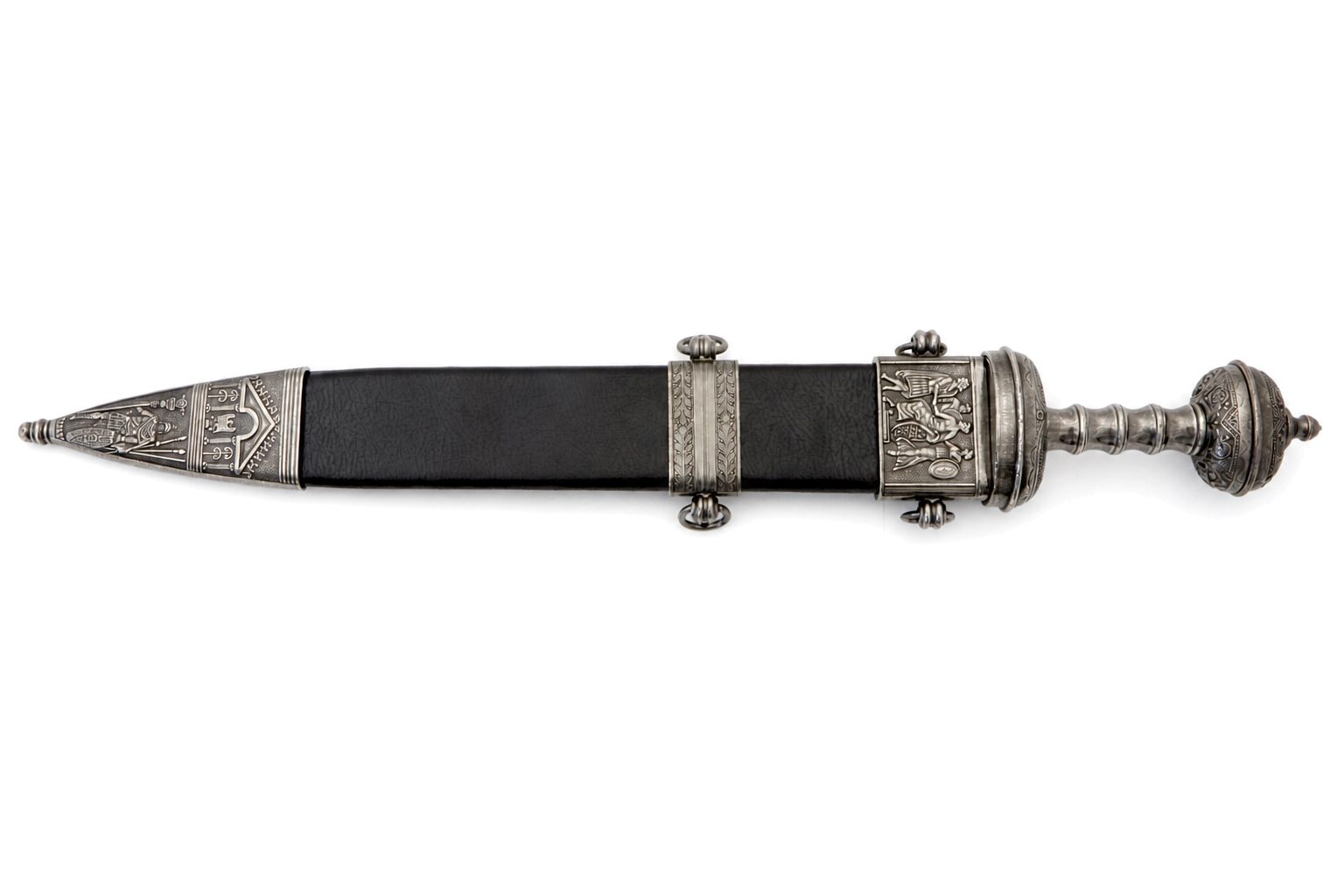 Denix 4116/NQ silver-trim Julius Caesar sword in black scabbard, right-facing view