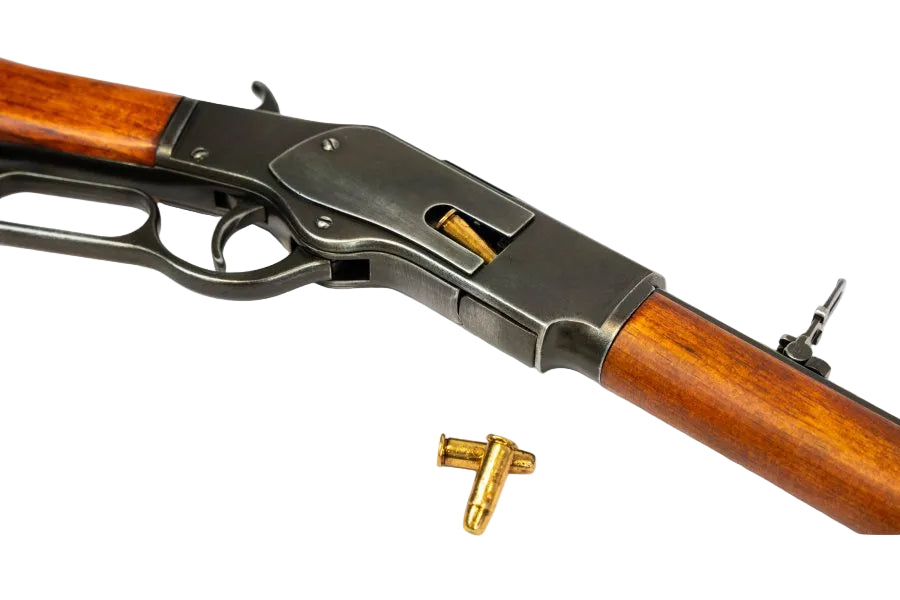 Model 1873 lever action replica with antique blackened finish and wooden stock