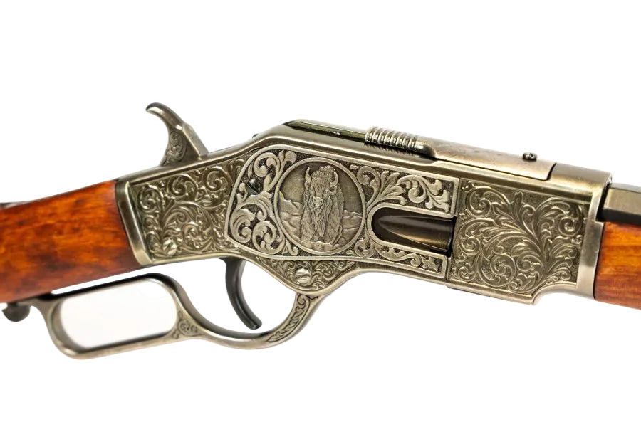 Model 1873 lever action rifle replica with engraved silver receiver and wood stock