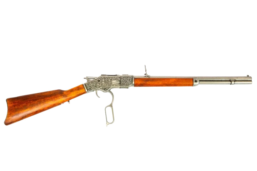 1873 Western carbine replica with engraved antique silver receiver and wooden stock