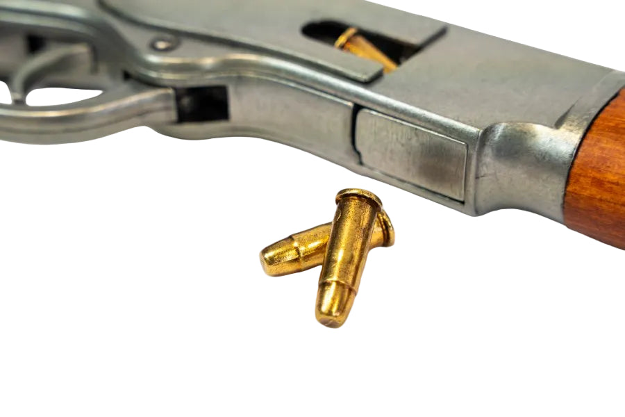 Model 1873 lever action replica with grey steel tone barrel and wooden stock