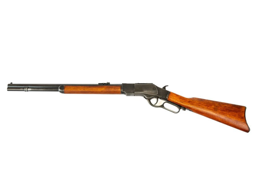 Model 1873 lever action carbine replica with antique black metal finish and wooden stock