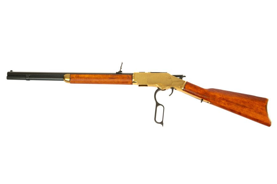 Model 1873 lever action carbine replica with brass tone receiver and wooden furniture
