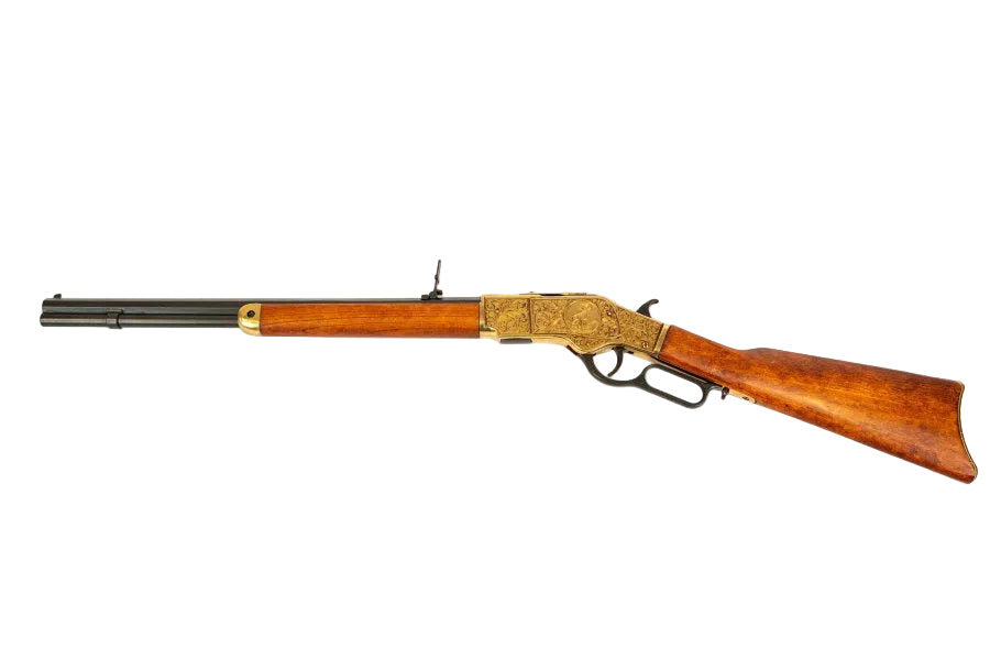 Model 1873 lever action carbine replica with antique gold finish and wooden furniture