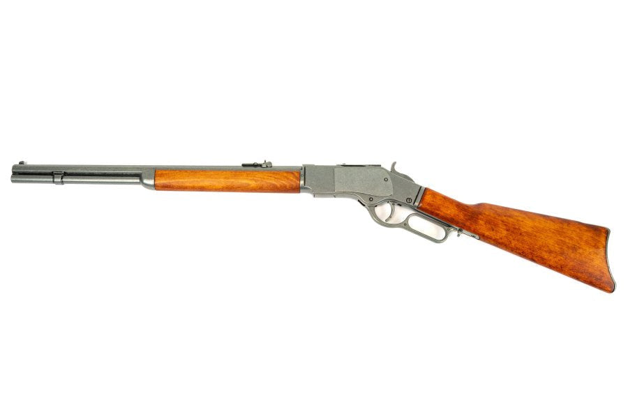 Model 1873 lever action carbine replica with grey steel tone and wooden furniture