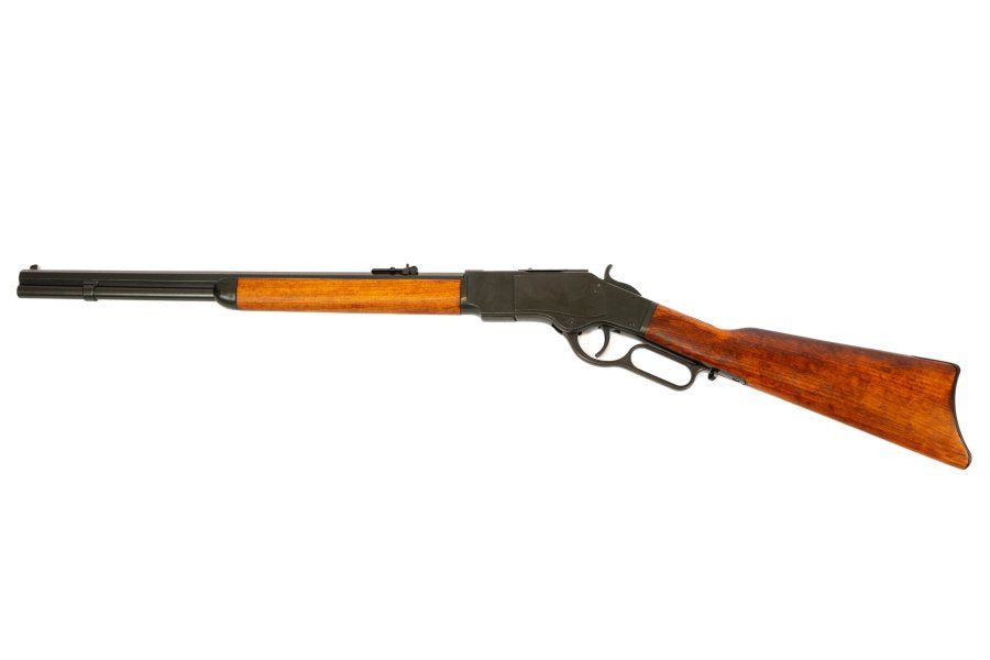 Model 1873 lever action carbine replica with black metal finish and wooden stock