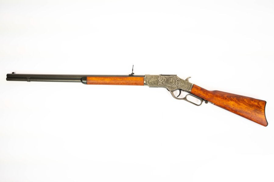 Model 1873 lever action rifle replica with antique silver receiver and wooden furniture