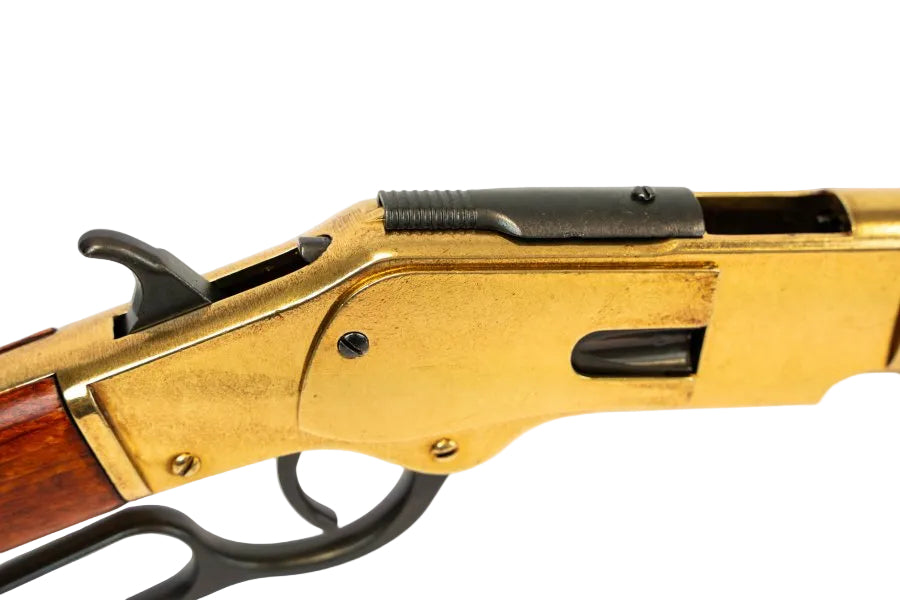 1873 Western carbine replica with polished brass tone receiver and traditional wooden stock