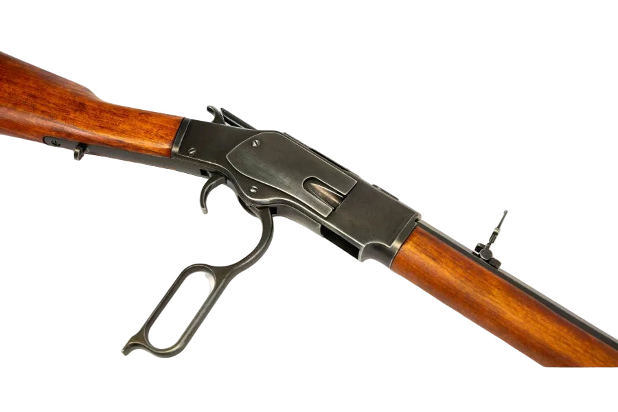 1873 Western carbine replica with antique blackened metal and traditional wooden stock