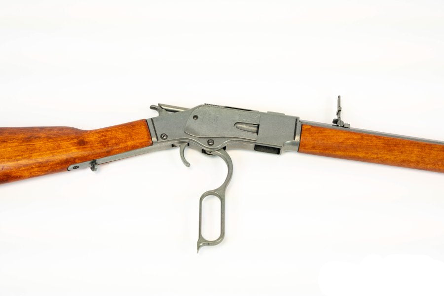 1873 Western carbine replica with grey steel finish and wooden stock