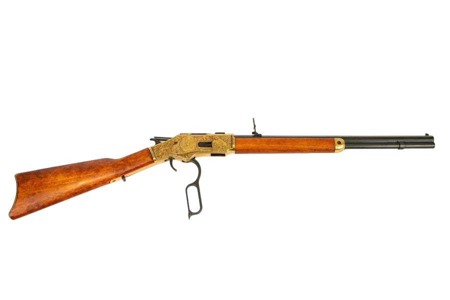 1873 Western carbine replica with engraved antique gold receiver and wooden stock