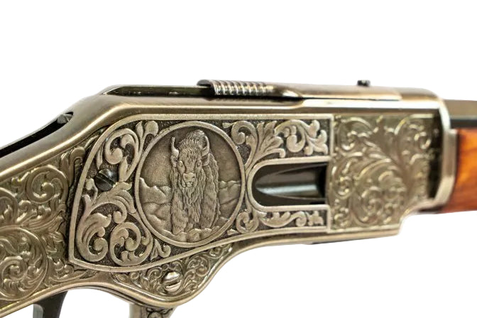1873 Western rifle replica with engraved antique silver receiver and traditional wood stock