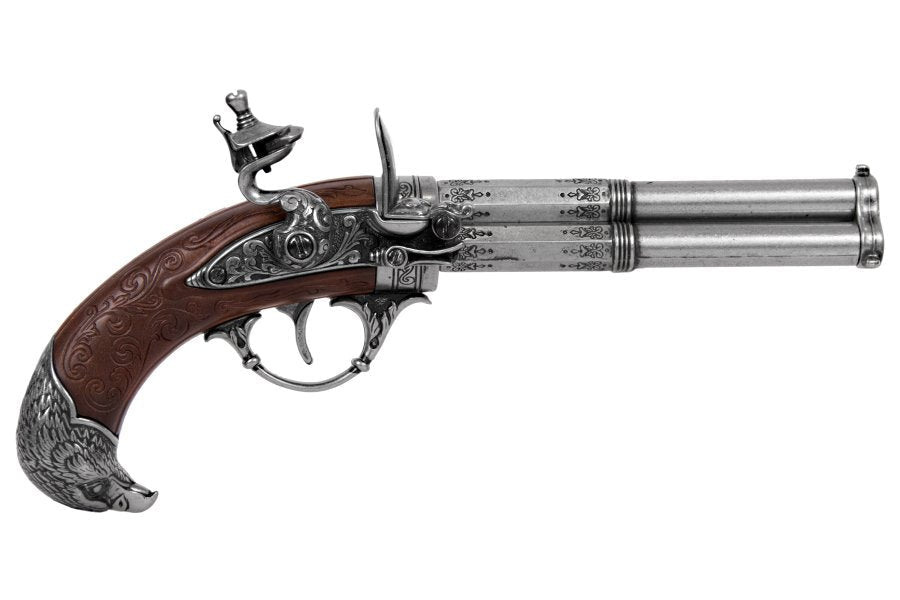 18th century 3 barrel flintlock pistol replica with antique gray finish and wood grip side view