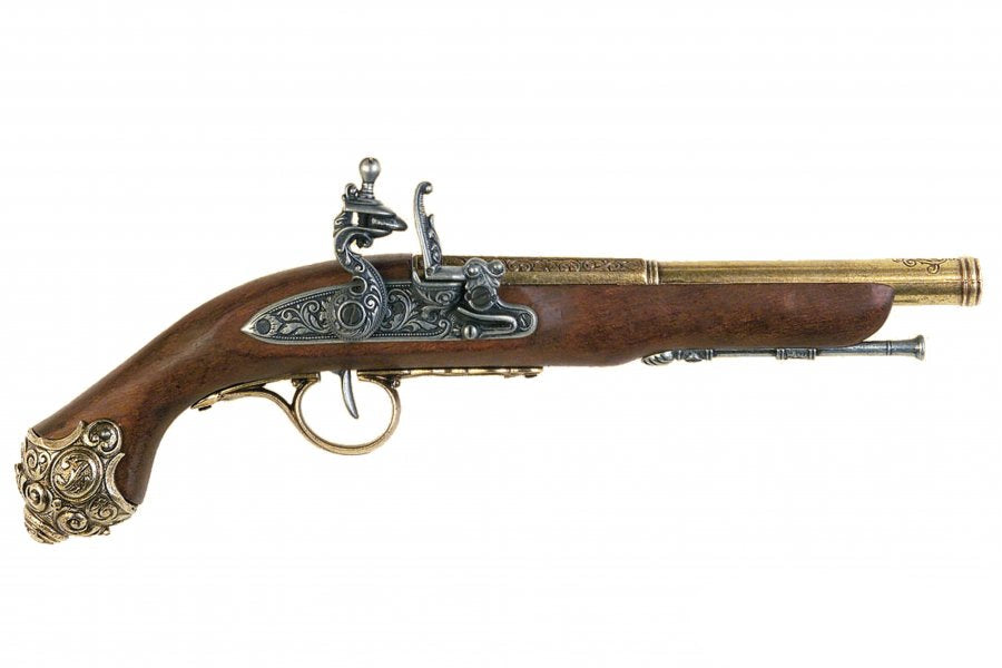 Denix 18th century brass flintlock pistol replica shown in side profile with ornate engravings and antique finish