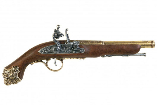Denix 18th century brass flintlock pistol replica shown in side profile with ornate engravings and antique finish