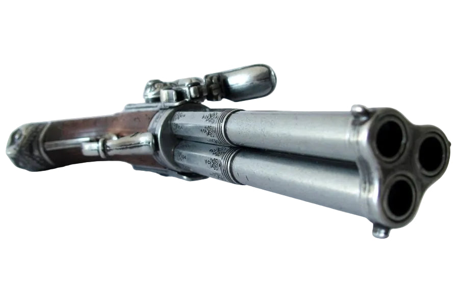 Barrel view of an 18th century triple barrel flintlock pistol replica