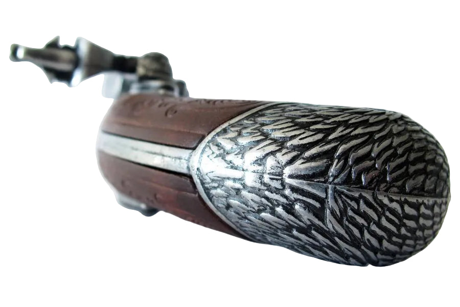 Detailed handle view of an 18th century triple barrel flintlock pistol replica