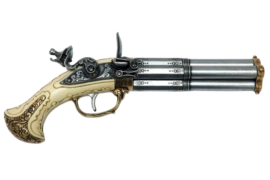 Denix non firing three barrel flintlock pistol inspired by historical 1700s firearm design