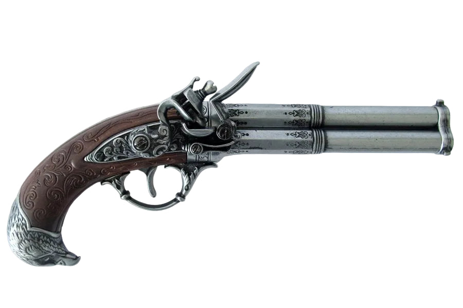 Close up of triple barrel flintlock pistol replica with realistic wood grip and antique finish