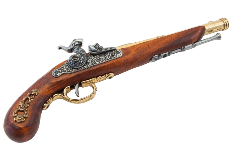Angled view of 19th century French percussion pistol replica with brass finish and authentic appearance