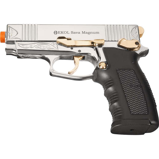 EKOL Sava Magnum 9mm Semi-Auto Front Firing Blank Gun - Chrome/Gold/Engraved