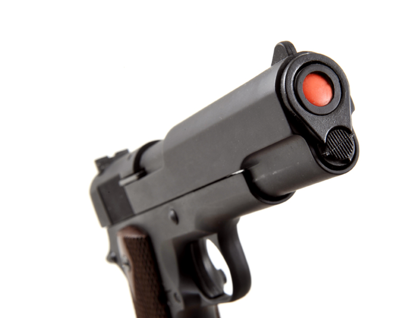 Angled display view of non firing 45 Gov’t M1911 automatic military pistol replica