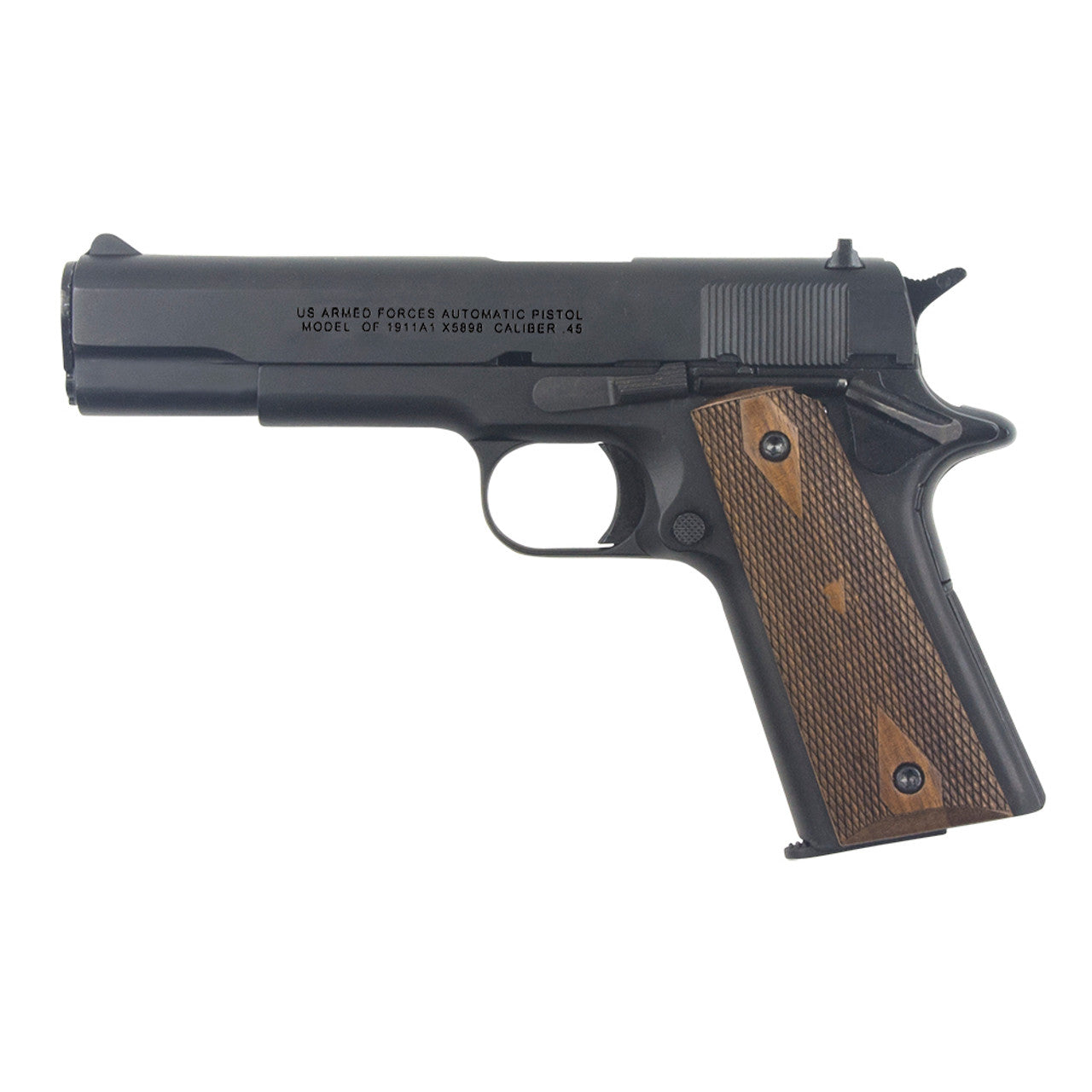 Non firing 45 Gov’t M1911 military pistol replica with standard wood grips right side view