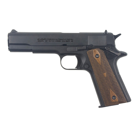 Non firing 45 Gov’t M1911 military pistol replica with standard wood grips right side view