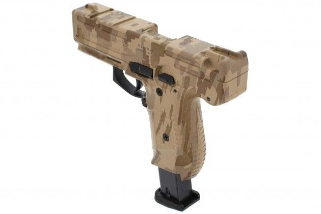 Camouflage-patterned gun on a white background