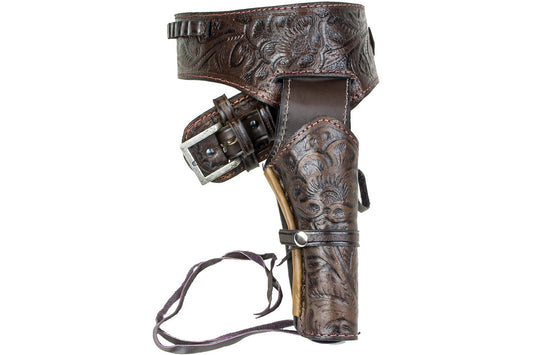 Brown leather holster with intricate designs on a white background