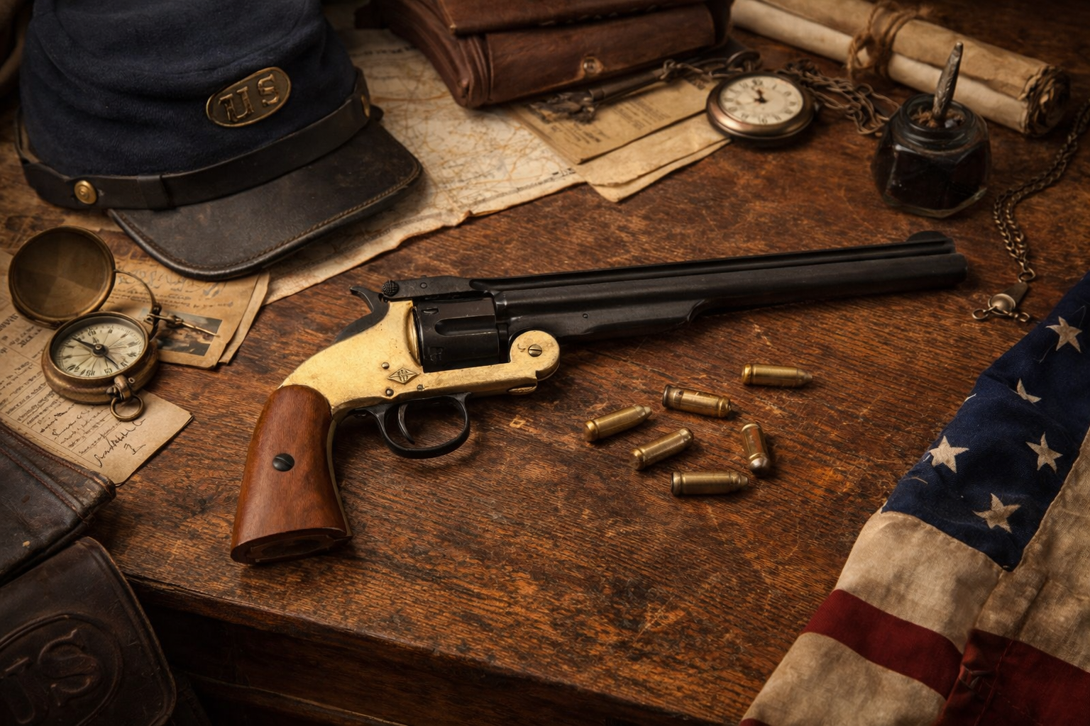 civil war era replica non-firing revolver in black and brass finish