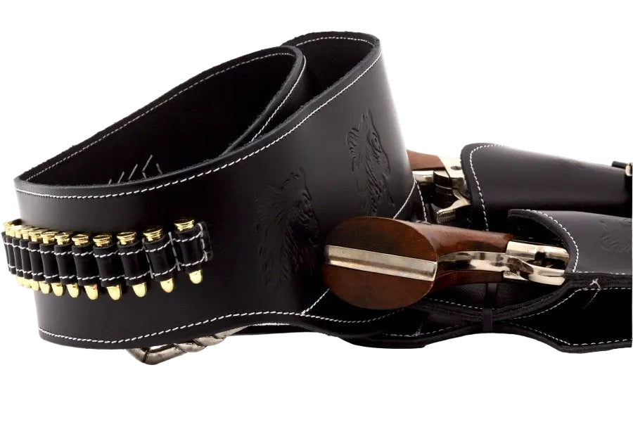 side view of the double rig western holster with guns and dummy ammo