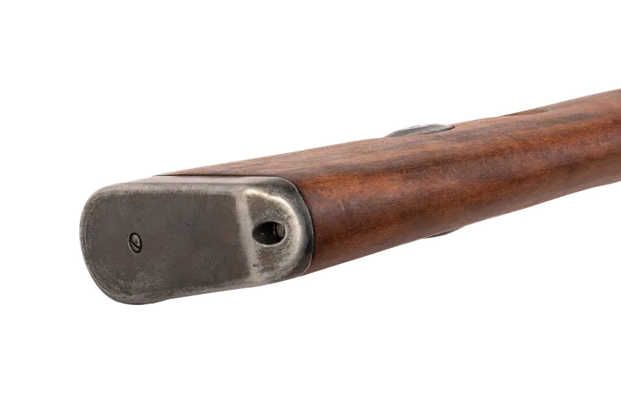 Close-up of a wooden gun stock with metal tip on a white background, featuring the Denix brand.