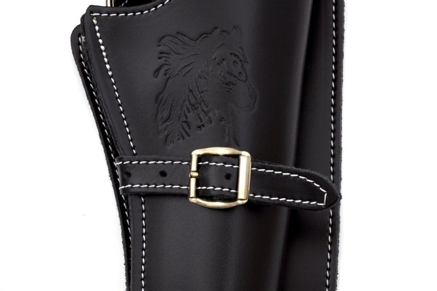 Black leather holster with gold buckle and embossed design on a white background, featuring the Denix brand.