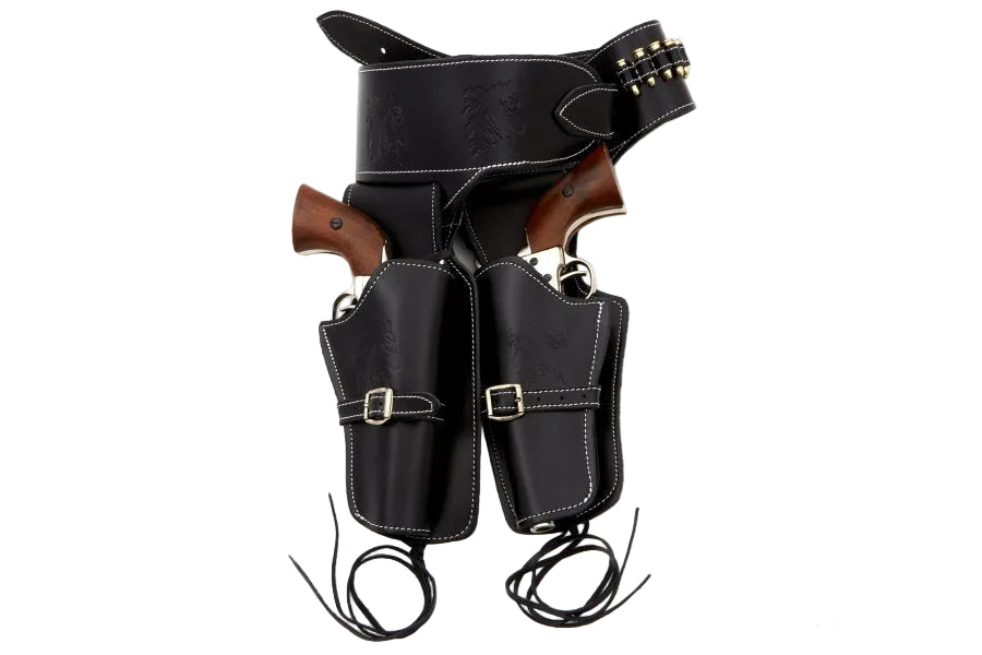 double rig leather holster in black with dummy bullets and guns shown