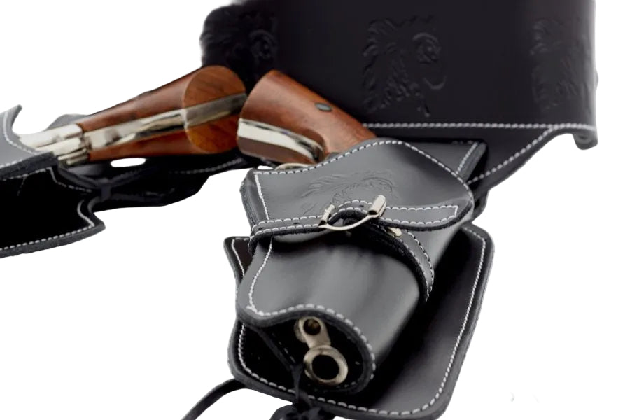 Black leather holster with a gun on a white background, featuring the Denix brand.