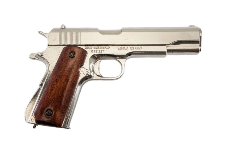Denix 1911 Non-Firing Prop Gun in Nickel With Wood Grips - TCN VAULT