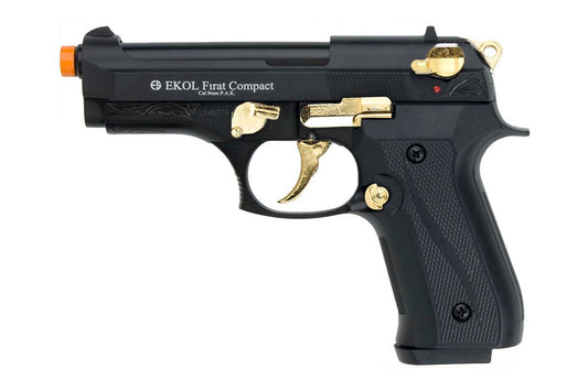 Black and gold gun with 'EKOL First Compact' branding on a white background