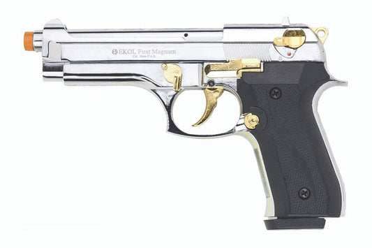 Ekol Firat Magnum blank firing gun in a nickel finish with gold fittings