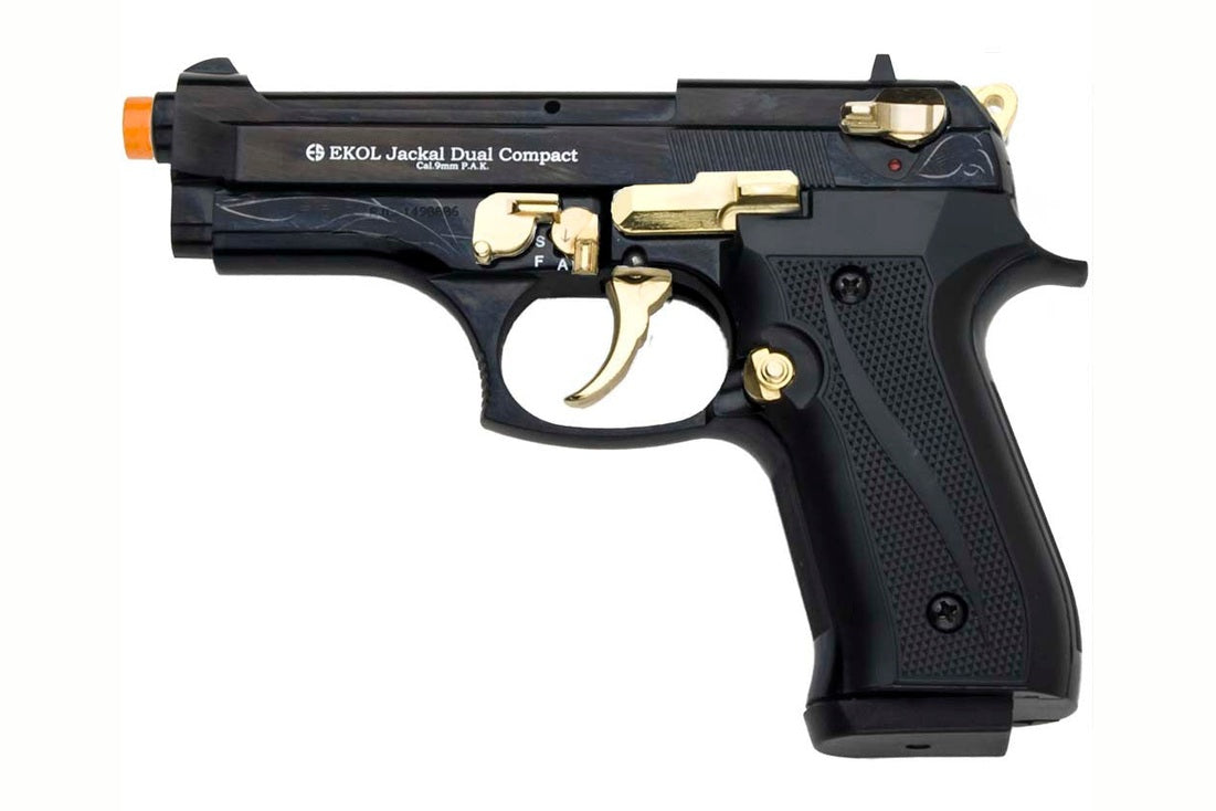 Ekol Jackal full autmatic blank firing gun in compact form in black finish with gold fittings
