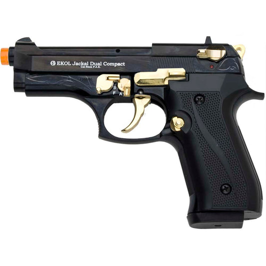 Ekol Jackal full autmatic blank firing gun in compact form in black finish with gold fittings