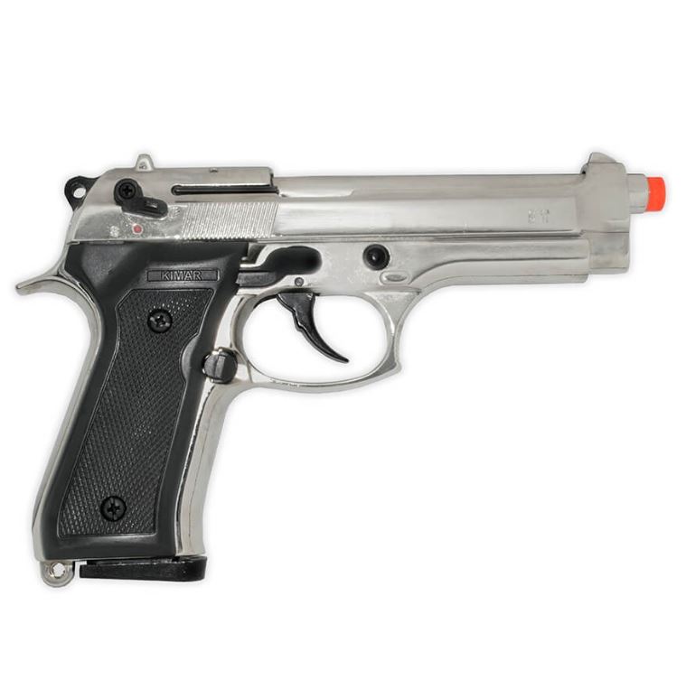 Silver and black handgun on a white background