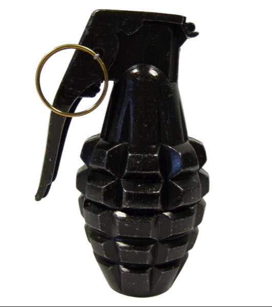 Black grenade with a gold ring on a white background.