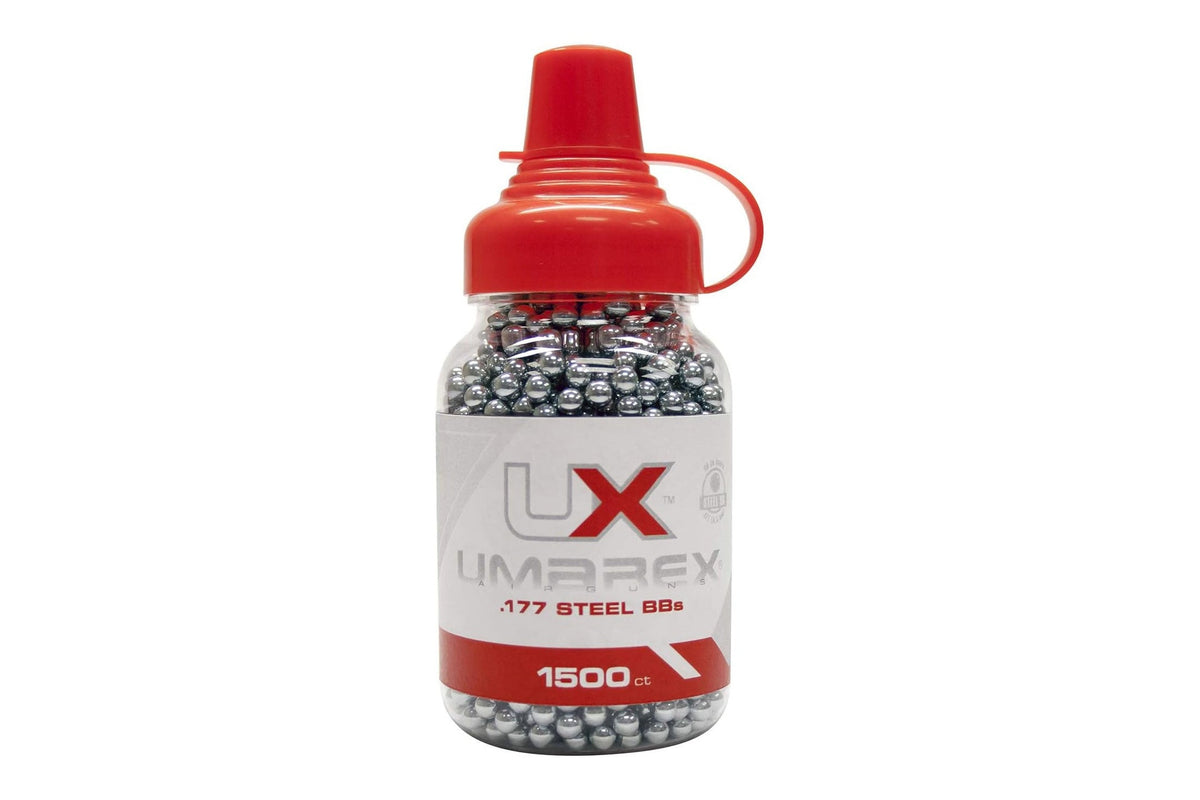 Bottle of UX Limarex .177 steel BBs with red cap on a white background