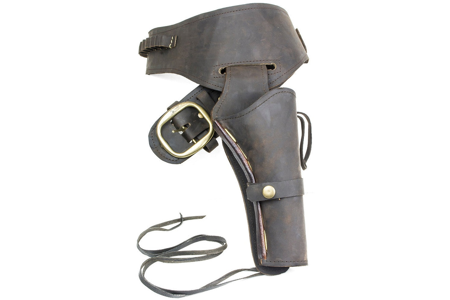 Brown leather holster with gold buckle on a white background
