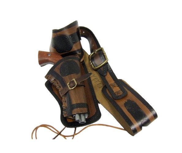 Pair of leather gun holsters with a belt on a white background