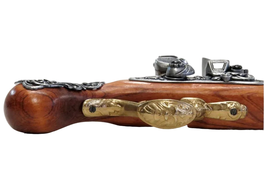 Full length antique brass flintlock pistol replica inspired by colonial era British firearms for collectors