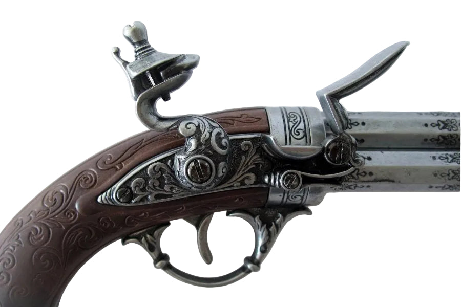 Decorative 18th century flintlock pistol replica featuring three barrels and aged metal finish
