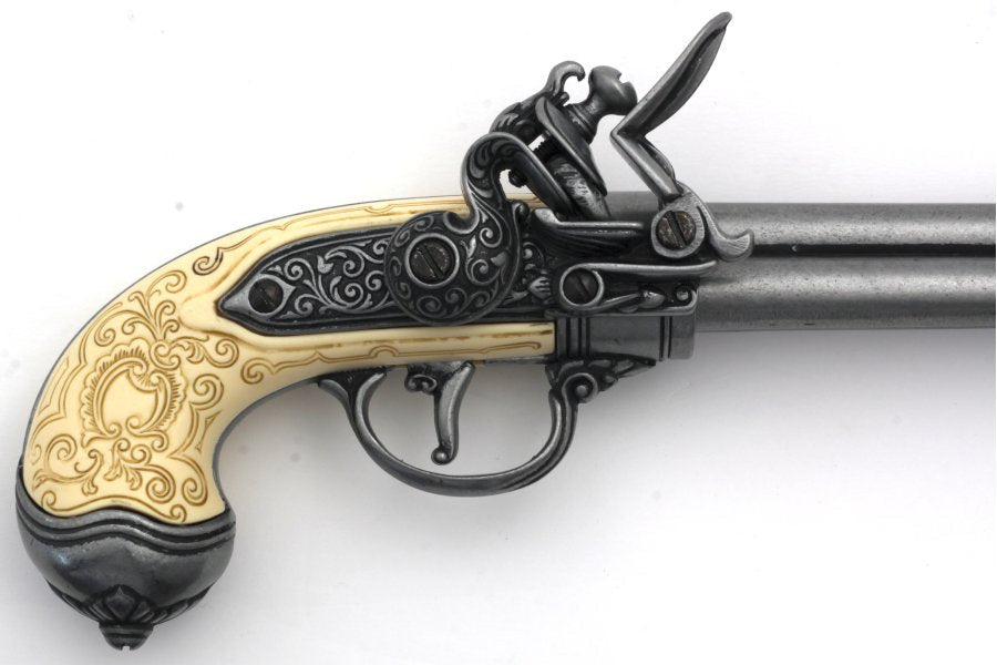 Antique style three barrel flintlock pistol replica with wood grip