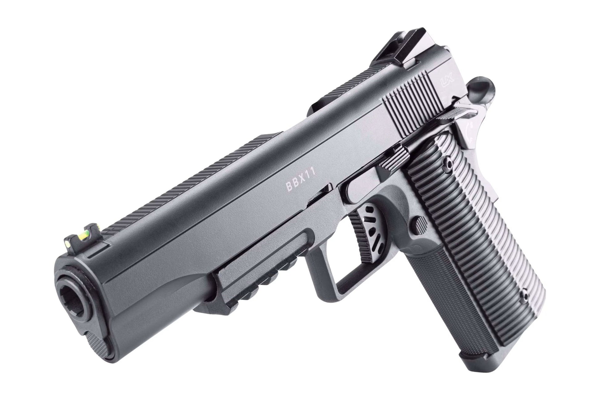 Close up of BBX-11 .177 caliber CO2 BB air pistol frame and trigger